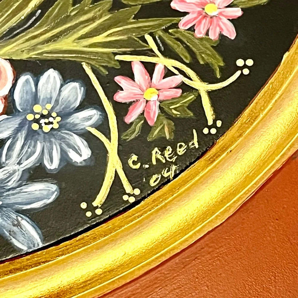 Hand-painted Wooden Table Decor, Signed by Artist, Bird Flowers 2004